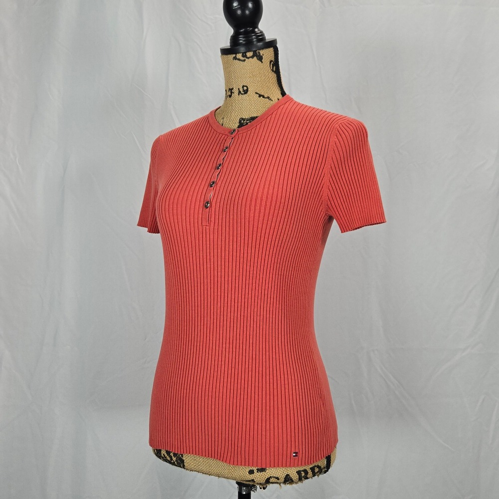 Tommy Hilfiger Ribbed Henley‎ Top Women's Medium Terracotta Preppy Fitted Knit